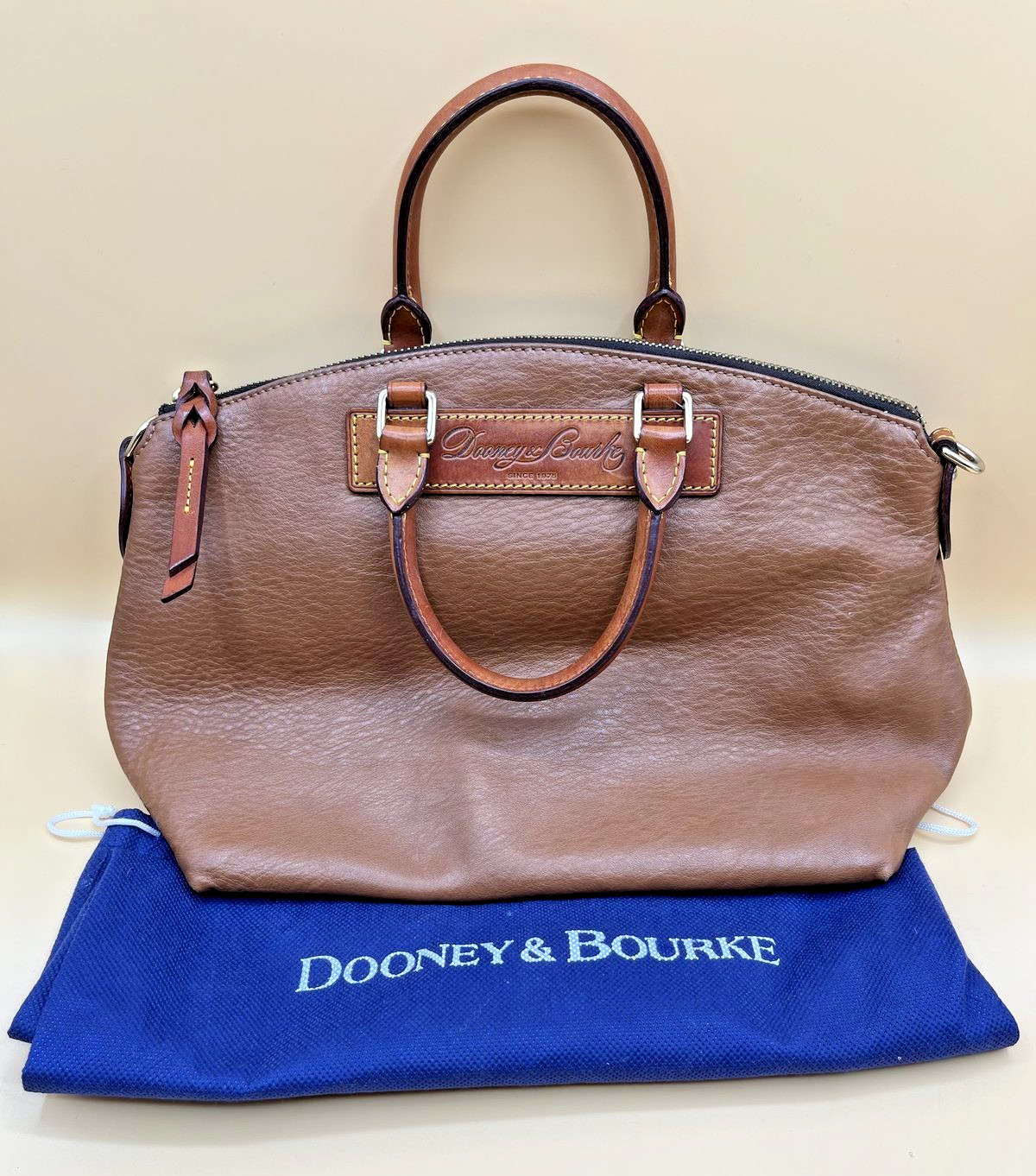 Dooney & Bourke Florentine Vacchetta Leather Satchel Brown Dome Zip Top Handbag