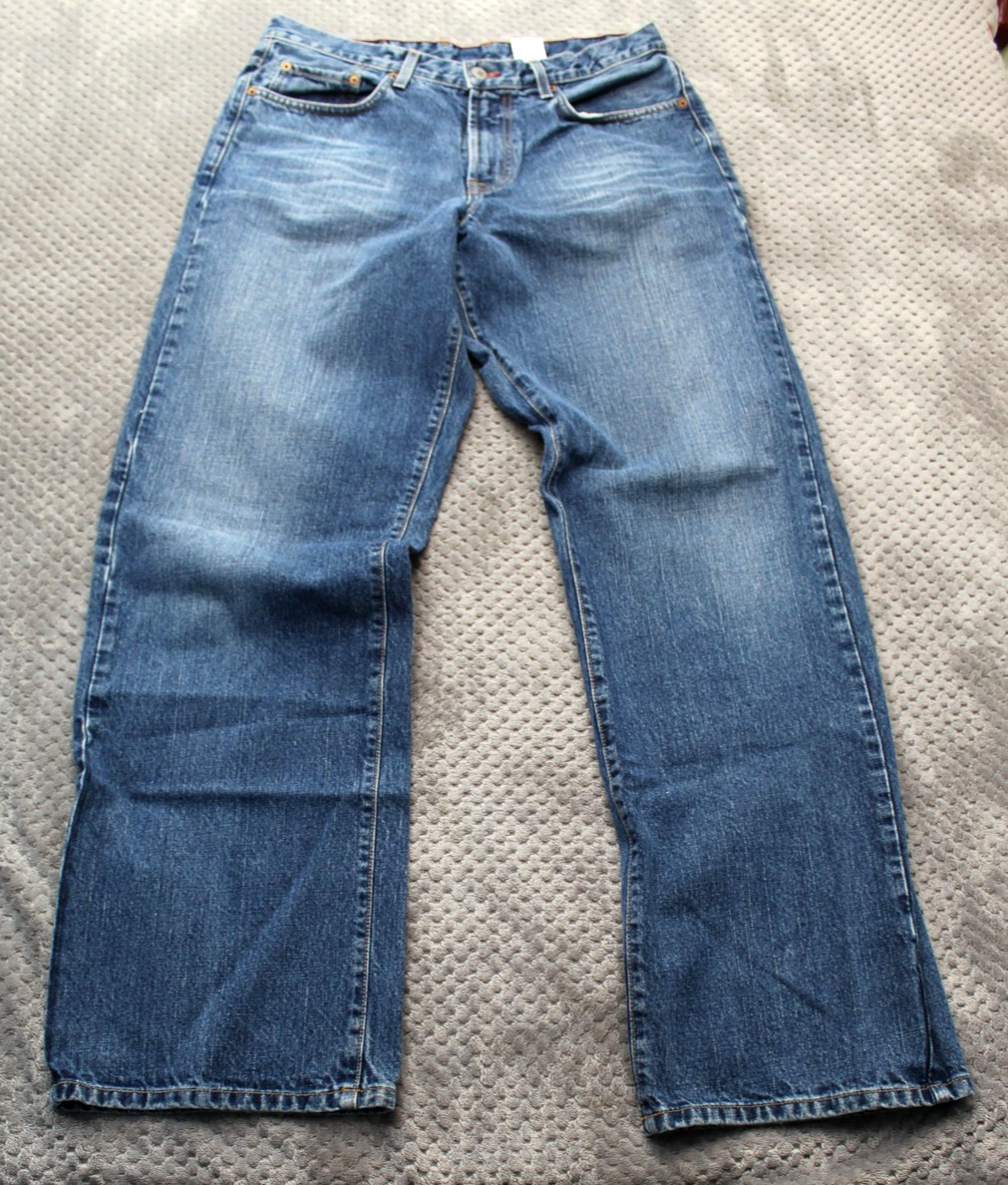 Vintage Lucky Brand Dungarees Jeans Mens 34x34 Blue USA Whiskers Denim
