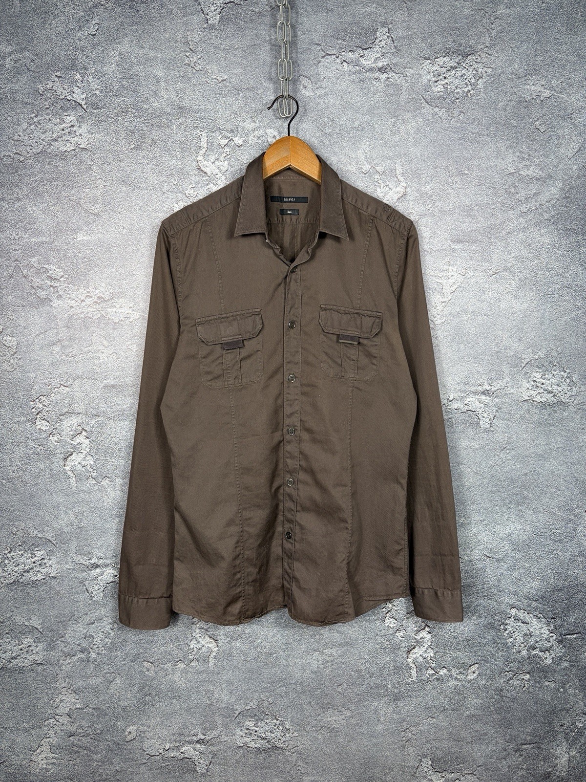 Vintage Gucci by Tom Ford Brown Cotton Long Sleeve Button-Up Shirt Pockets