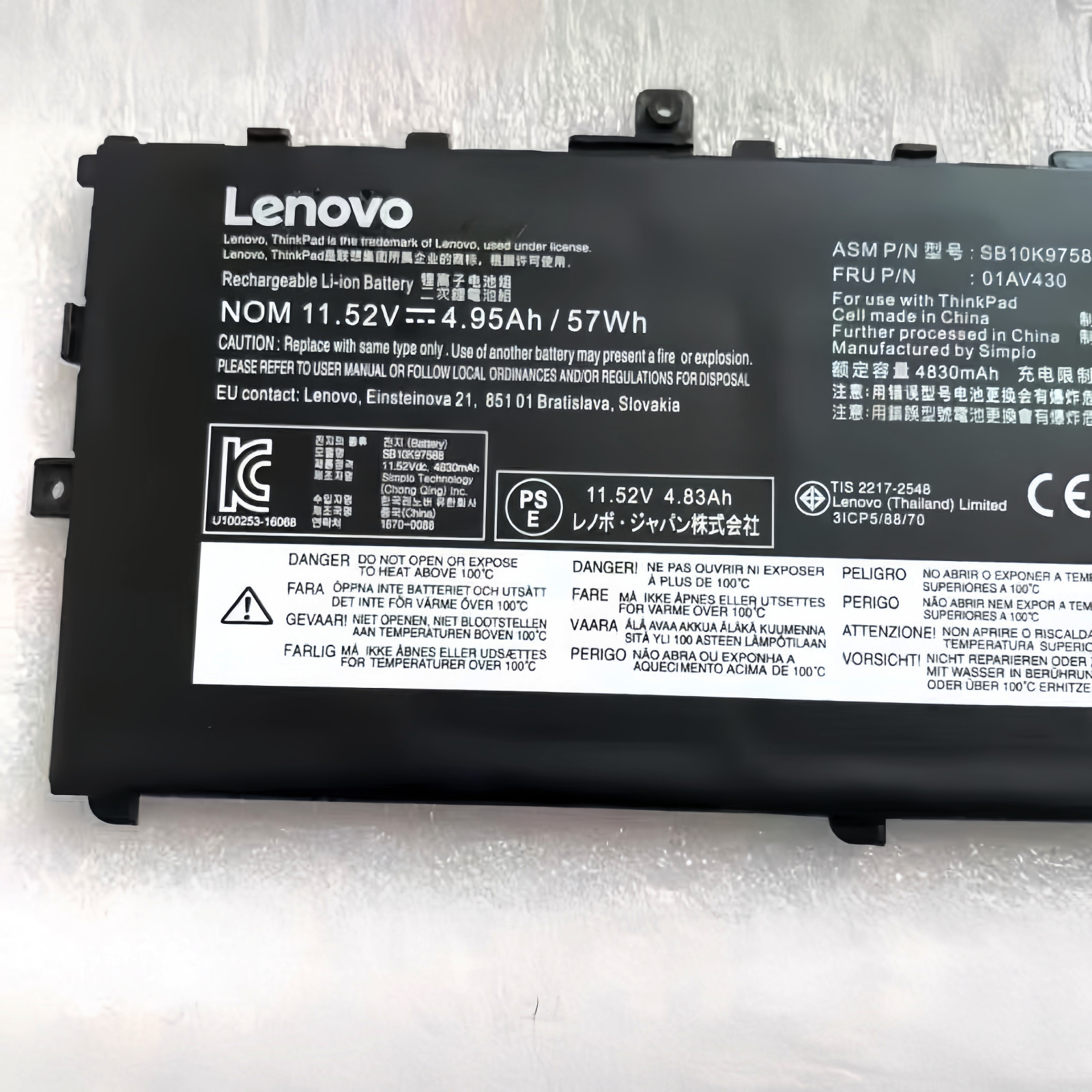 Genuine 01AV494 01AV430 Battery for Lenovo ThinkPad X1 Carbon 5th 6th Gen 57WH