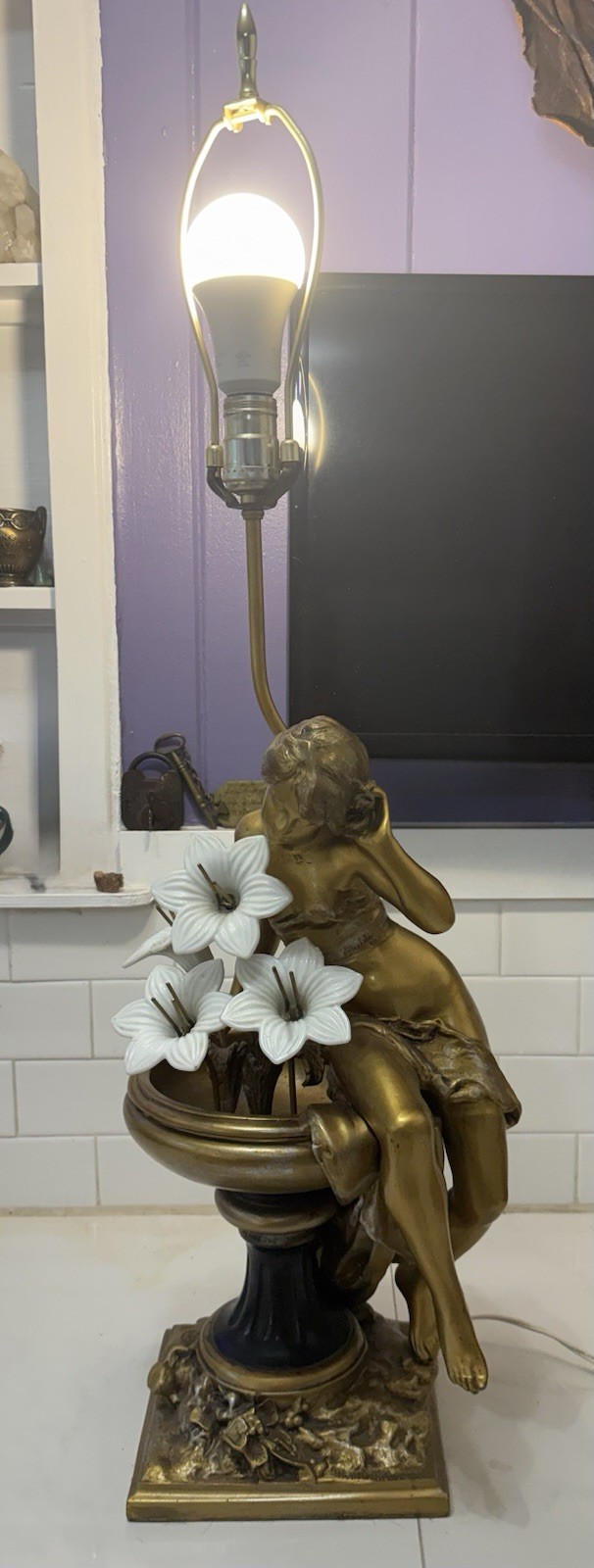 Mathurin Moreau Collection Francaise “La Source” Nude Nymph Lamp Glass Flowers