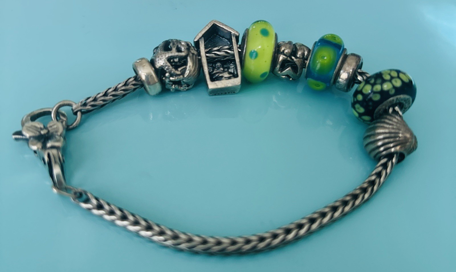 LAA 925 Sterling Silver Bracelet, 9 LAA/Pandora Charms/Beads, Clasp 33.41 grams