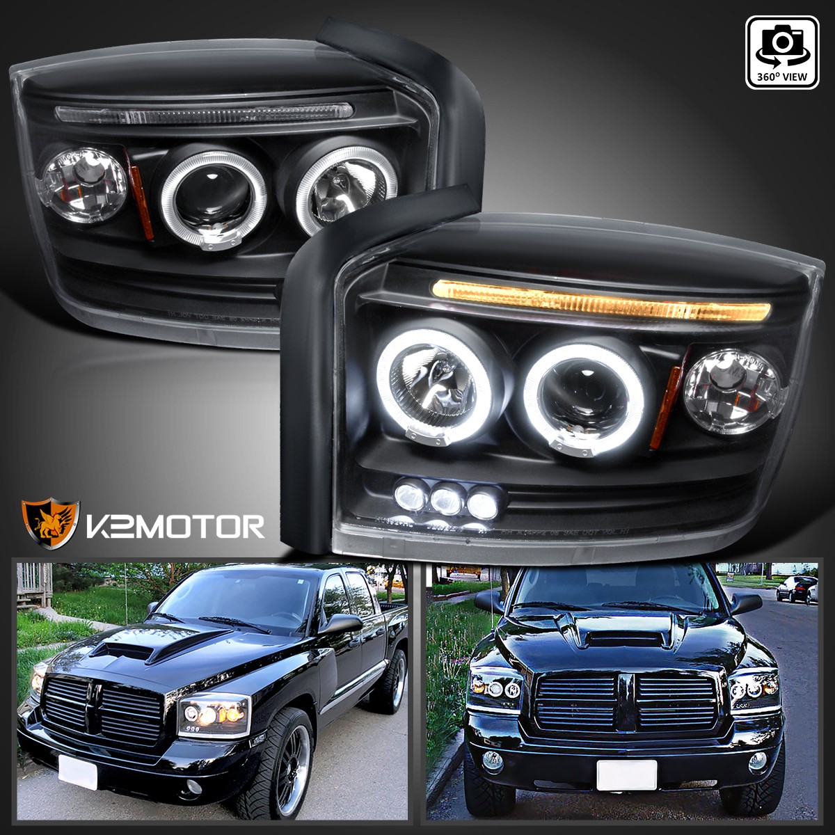 Black Fits 2005-2007 Dodge Dakota LED Dual Halo Projector Headlights Left+Right Black Fits 2005-2007 Dodge Dakota LED Dual Halo Projector Headlights Left+Right