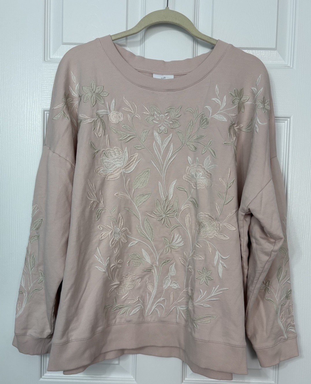 J Jill Intricately Embroidered Sweatshirt Size 2X Blush Pink Tonal Floral Cotton