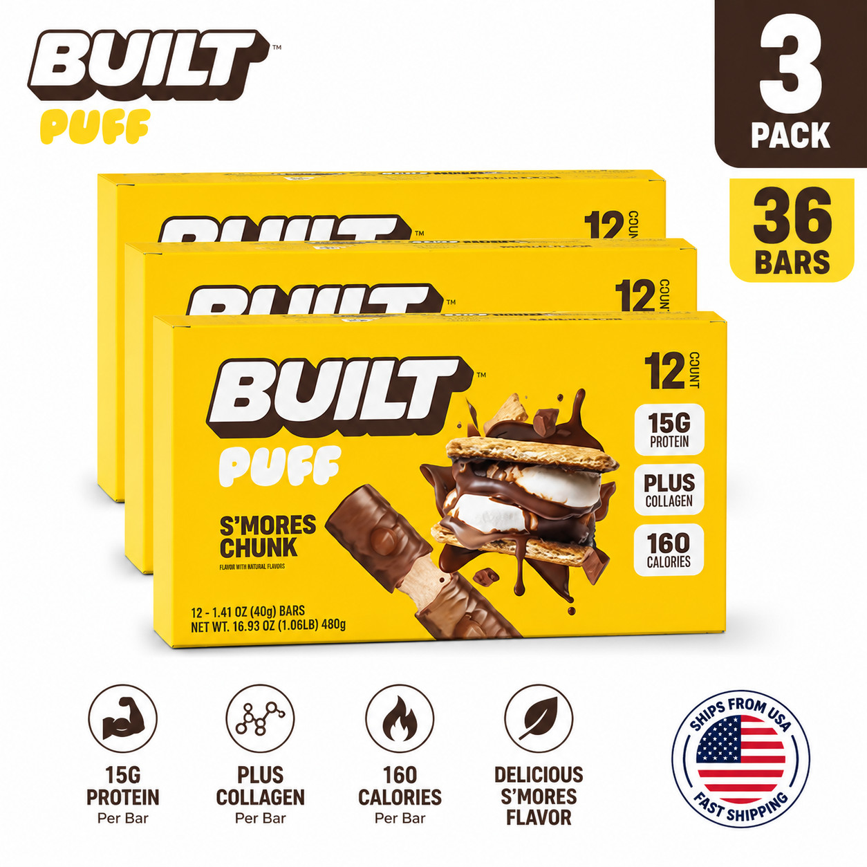 BUILT S’mores Chunk Puff Protein Bars 3 Pack 36 Count 15g Protein