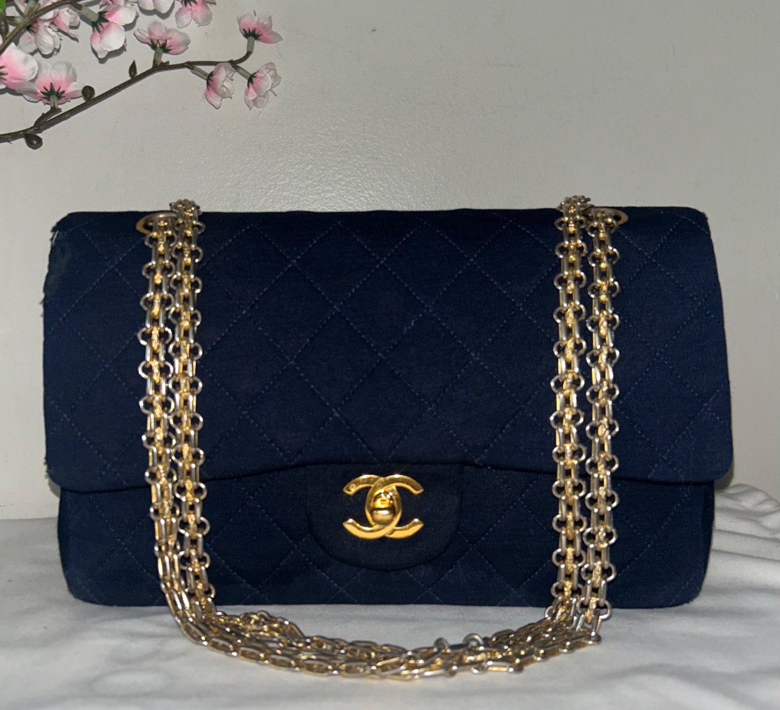 CHANEL Vintage Medium Double Flap Jersey Quilted Handbag Navy / 24K Gold