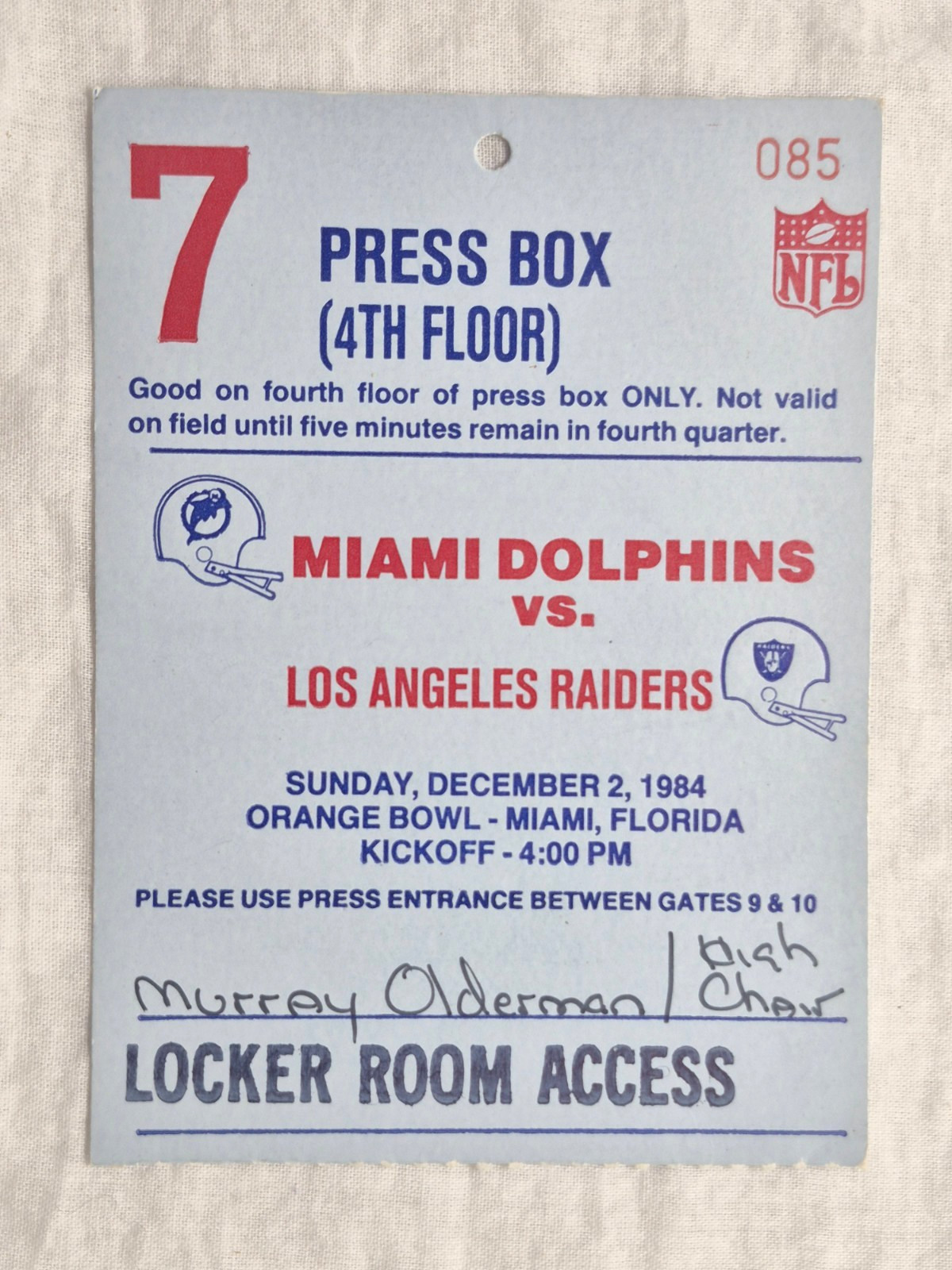 Dec 1984 Miami Dolphins vs. LA Raiders Game Press Box Ticket for Murray Olderman