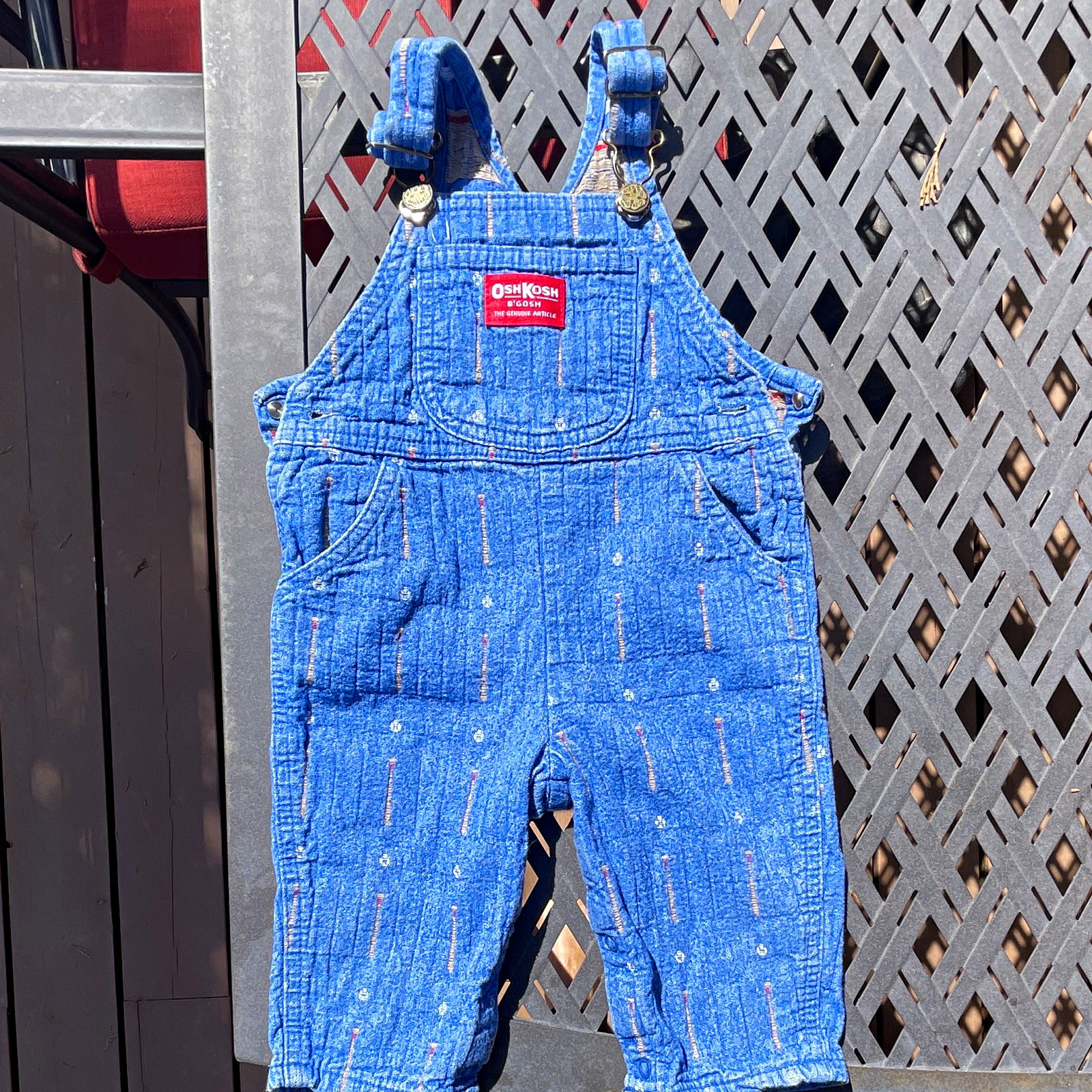 OshKosh B\'gosh 6-9M Blue Denim Cotton Geometric Bib Overalls Pockets -Vintage