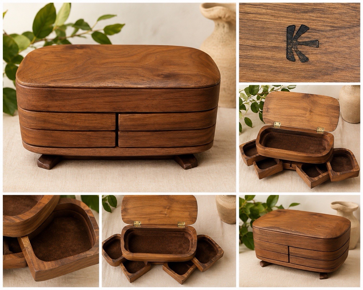 Vintage Kellams Studio Wood Jewelry Box 4 Swing Drawers Handcrafted USA