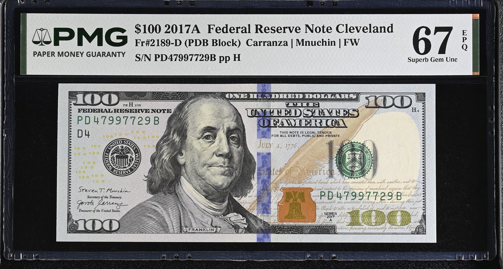 United States 100 Dollars USA 2017A P 548 D Cleveland Superb Gem UNC PMG 67 EPQ