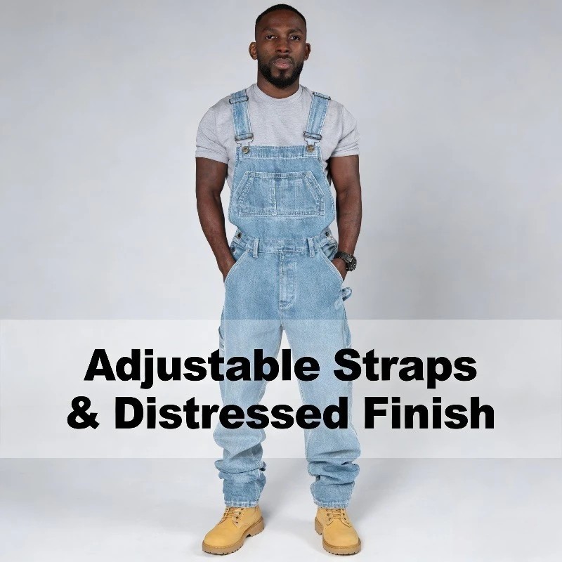 Men\'s Vintage Denim Overalls Casual Straight Leg Cargo Bib Pants Jumpsuit