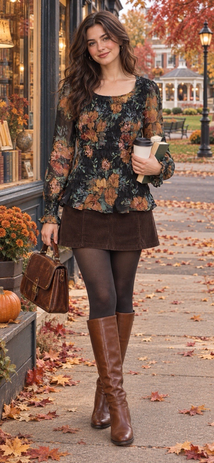 Maurices Women\'s Floral Smocked Long Sleeve Blouse Black Rust XS Fall Classic