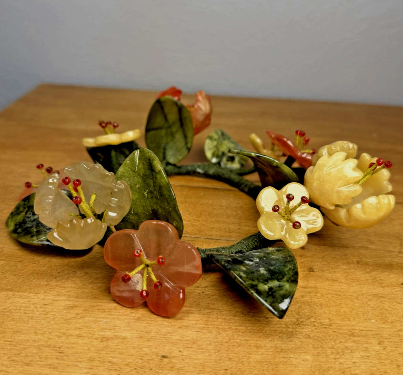 VTG MCM Rare Carved Chinese Jade Floral Centerpiece Wreath Candleholder 6.5” W
