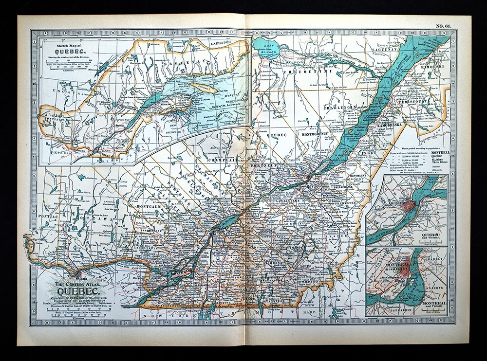 1897 Century Map Quebec Canada Montreal Joilette Gatineau Ottawa St Lawrence