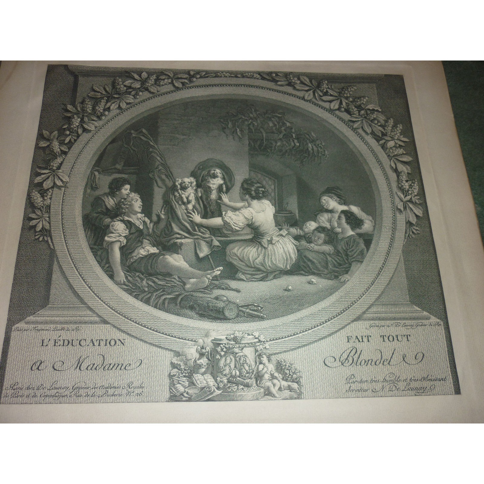 Antique French Engraving L Education a Madame Blondel by De Launay