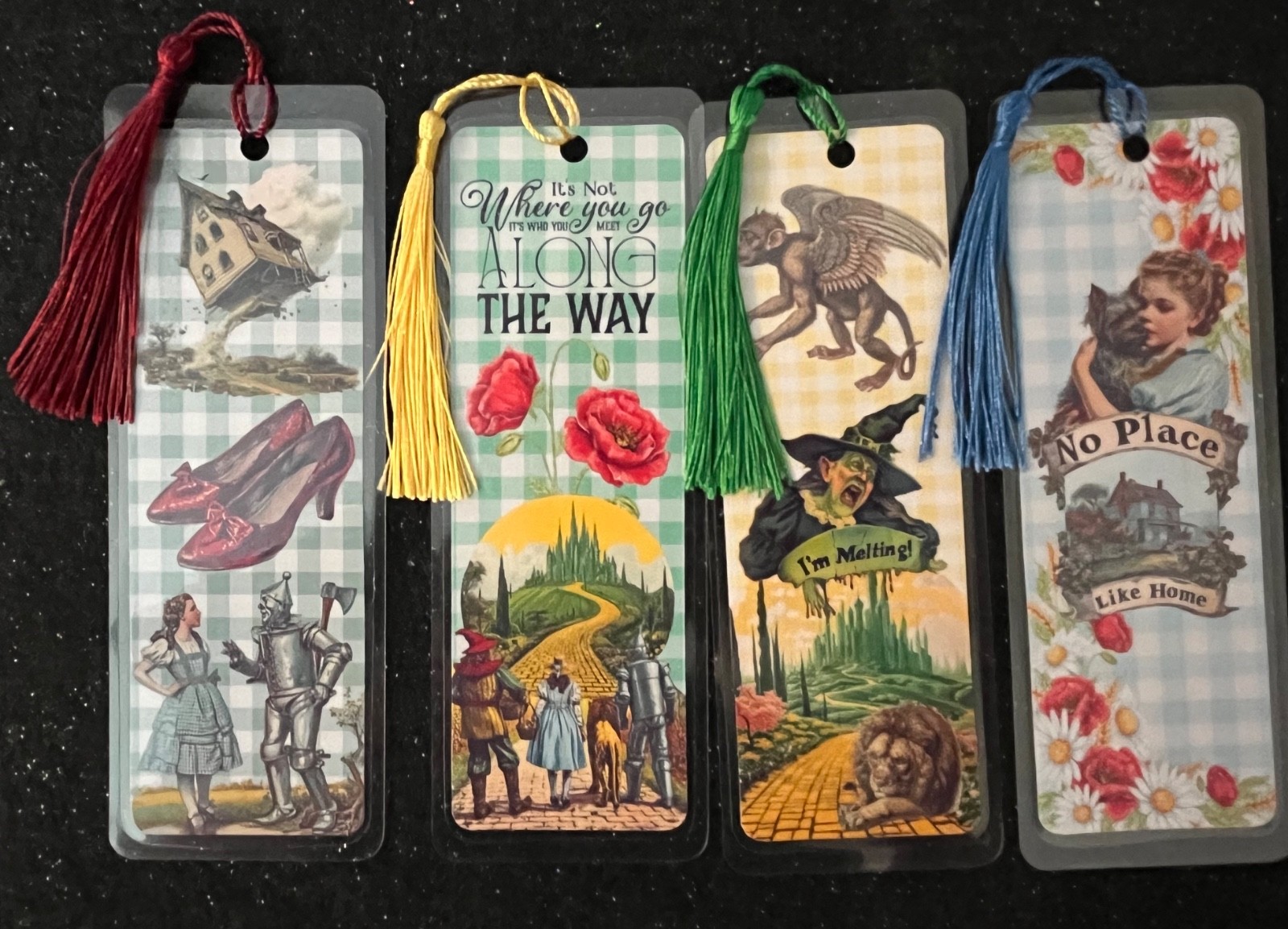 WIZARD OF OZ BOOKMARKS SET OF 4  LAMINATED WITH TASSELS HANDMADE