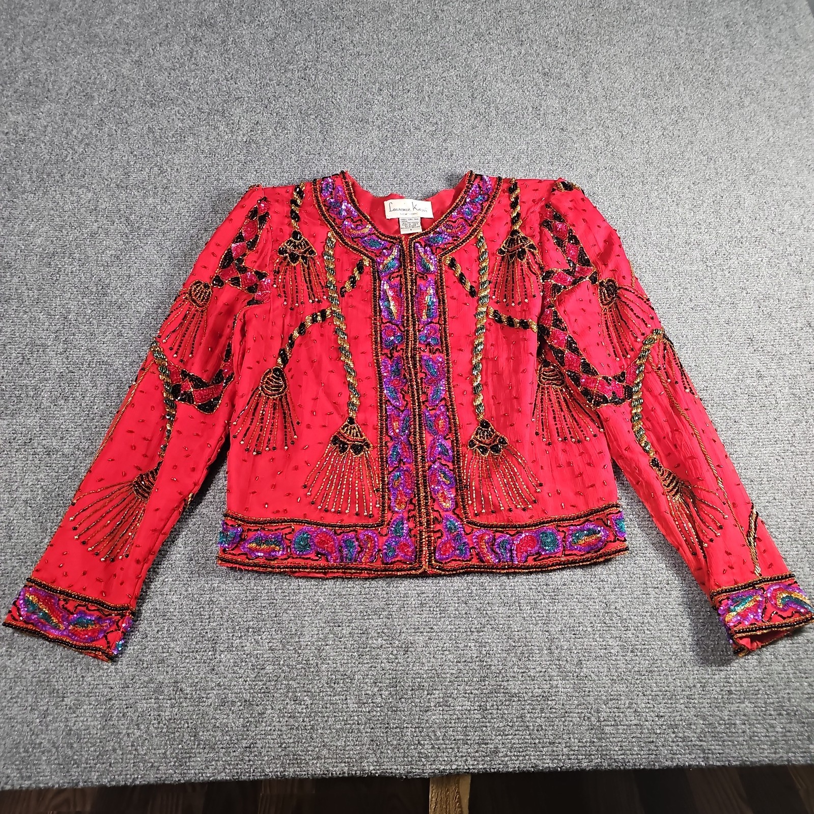 Laurence Kazar Vintage Red Silk Beaded Tassel Sequin Evening Jacket Small