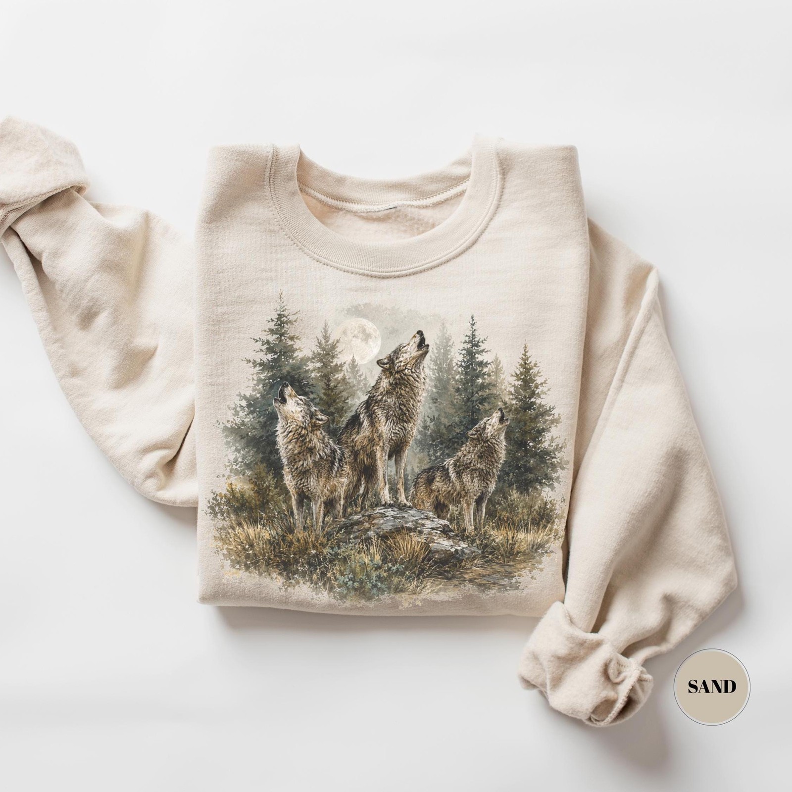 Vintage Three Wolves Howling Moon Forest Wildlife Nature T-Shirt Sweatshirt Hood