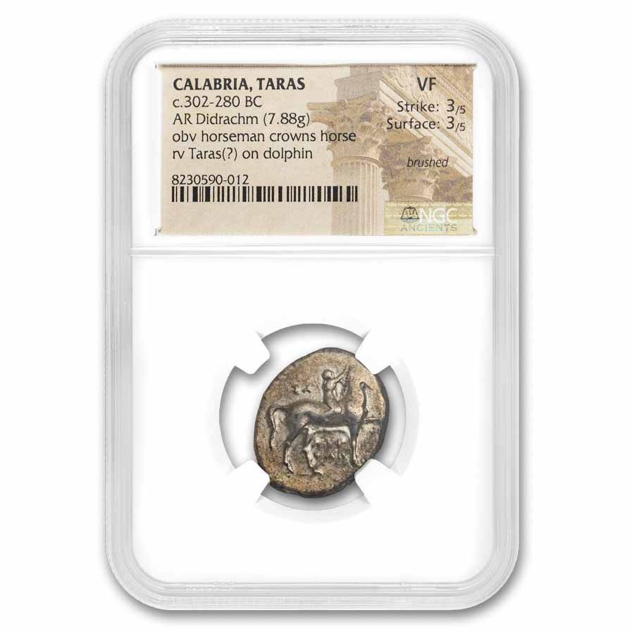 Calabria Taras AR Didrachm Boy on Dolphin (302-280 BC) VF NGC 3/3