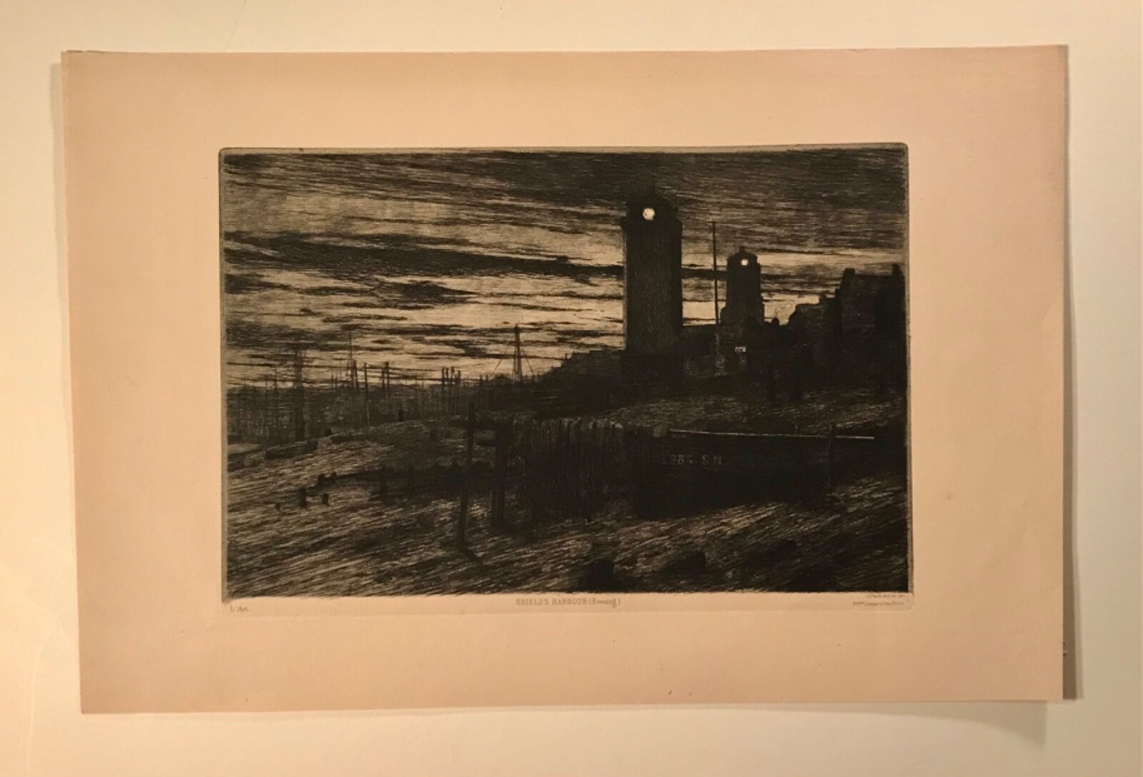 Antique French 1879 John Park Etching “Shields Harbour (Evening)”