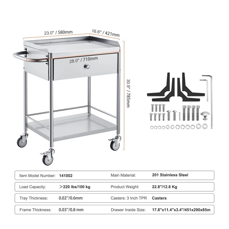 2-Tier Stainless Steel Cart Mobile Lab Utility Cart with Drawer Medical