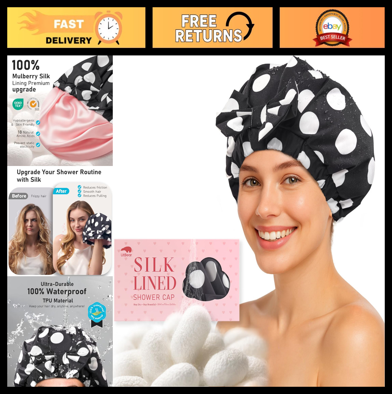 Luxury Silk Lined Shower Cap for Women - Reusable Waterproof, Adjustable, Non-Sl Luxury Silk Lined Shower Cap for Women - Reusable Waterproof, Adjustable, Non-Sl