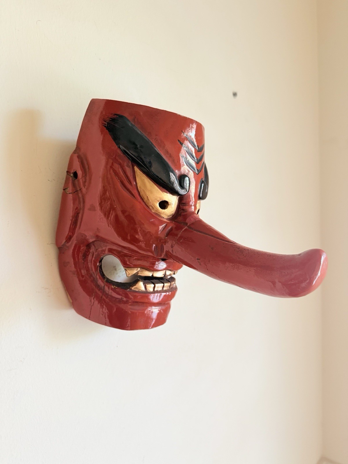 Tengu Oni Red Demon Kagura Mask Japanese Vintage Wooden Hand Painted From Japan
