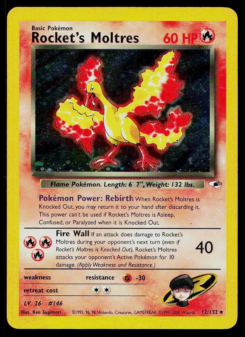 Pokemon Card Gym Heroes Rocket's Moltres 12/132 Unlimited Holo MP Front HP Back