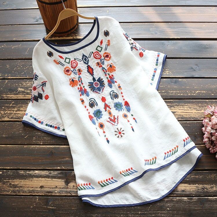 Women’s Embroidered Flowers Cotton Linen Blouse – Casual Summer Boho Top Hot