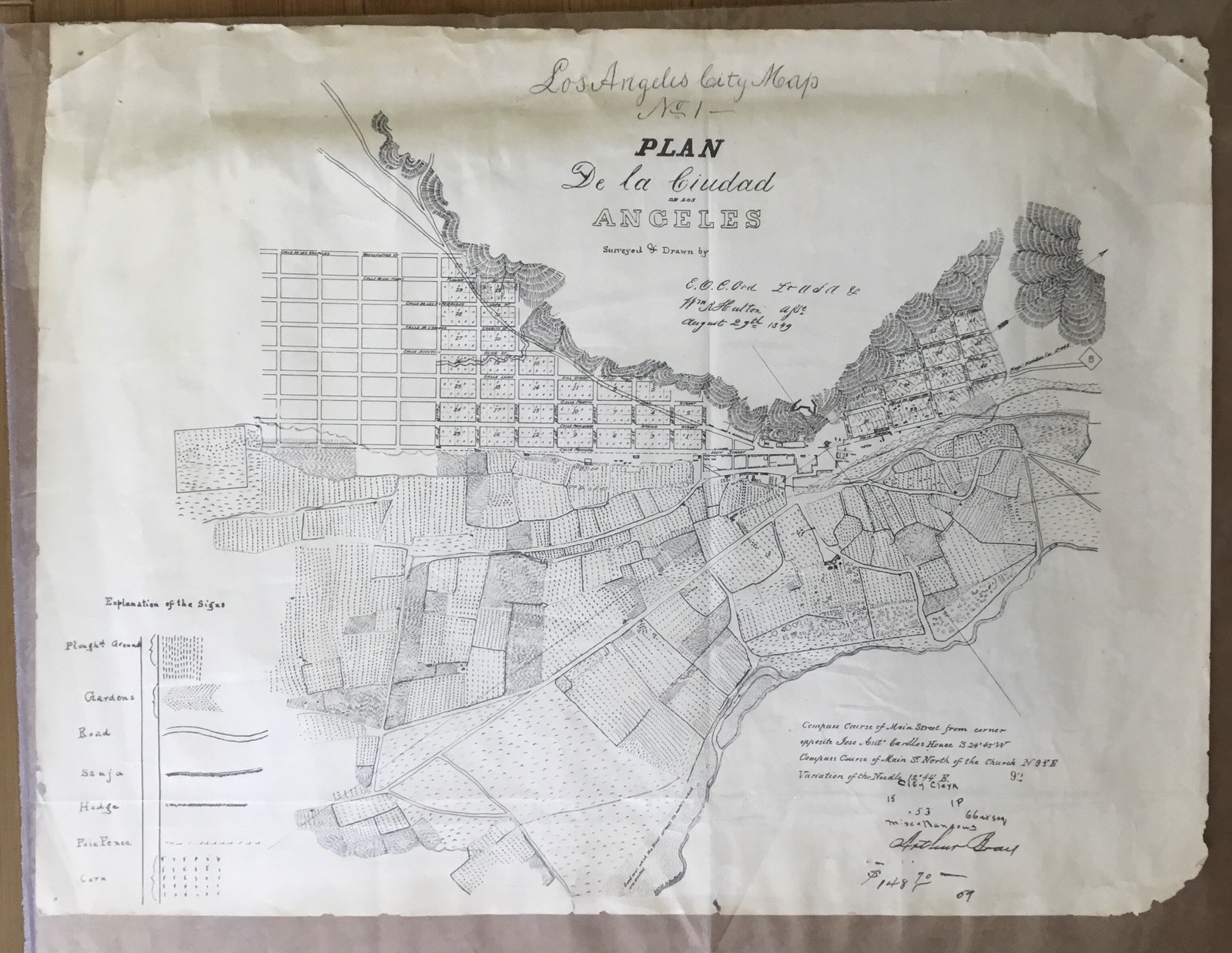 Super RARE Old Antique 1849 E.O.C. Ord\'s first map of the city Los Angeles No. 1