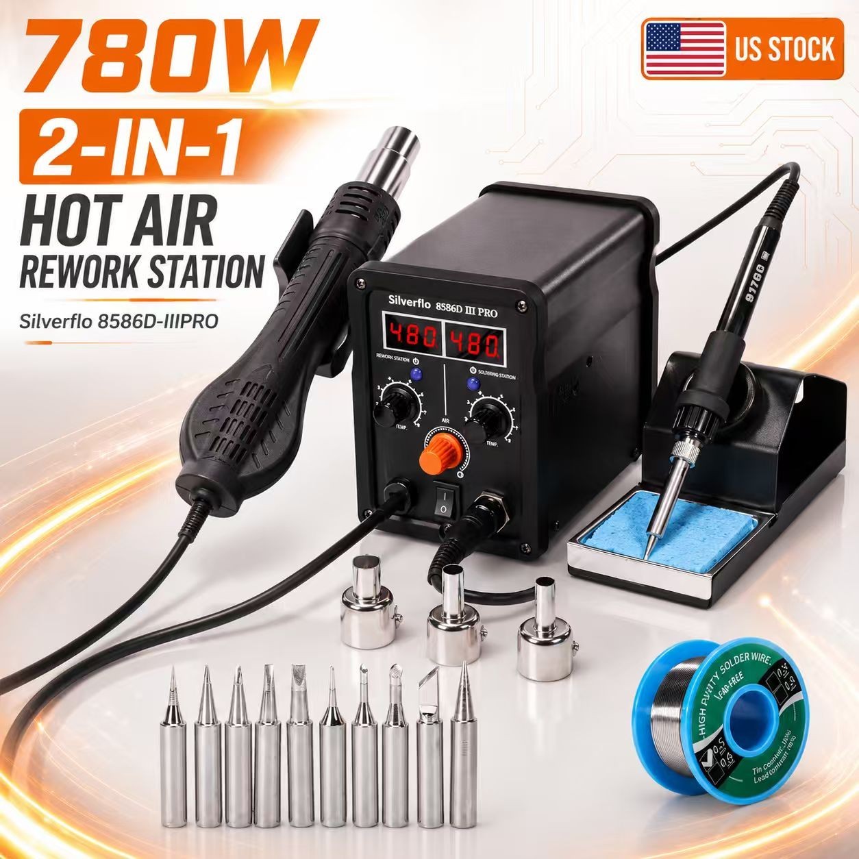  Digital Soldering Iron Station Hot Air Gun Desoldering Rework Station Kit