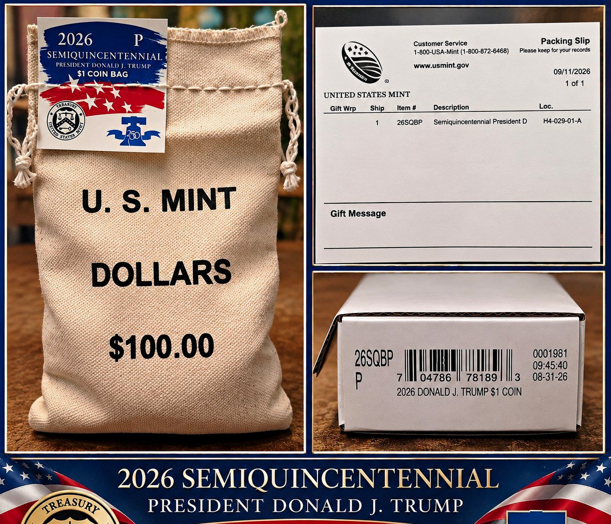 2026 Donald Trump U.S. Mint Sealed 100 Coin Bag of Semiquincentennial $1 Coins.