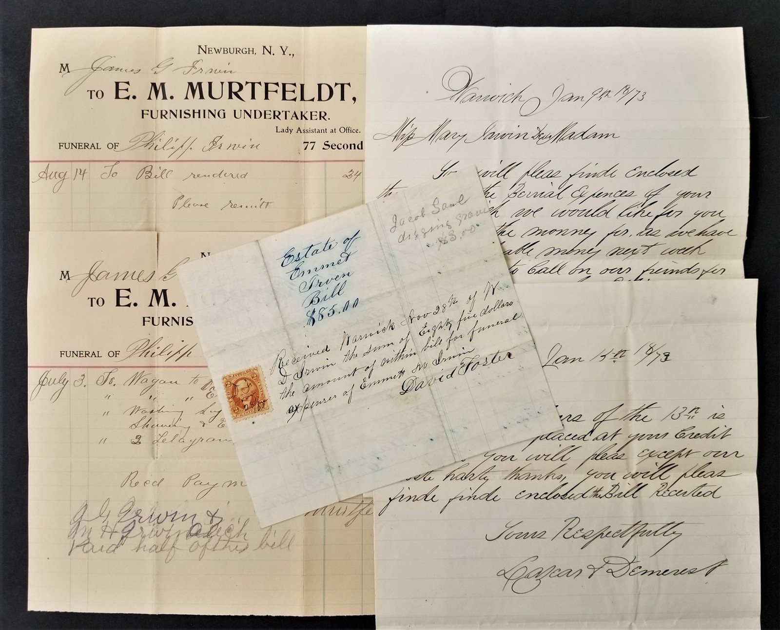 1865-1902 antique IRWIN FAMILY EPHEMERA warwick ny FUNERALS 5pc
