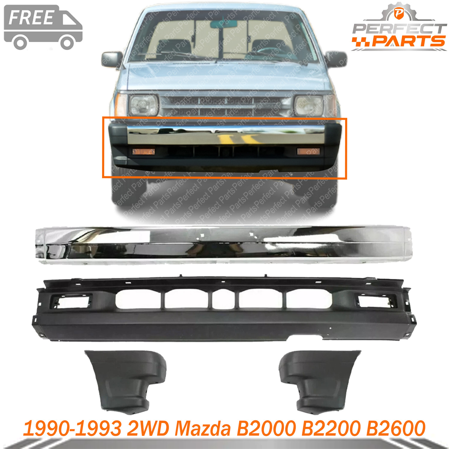 Front Chrome Bumper Replacement Kit For 1990-1993 2WD Mazda B2000 B2200 B2600