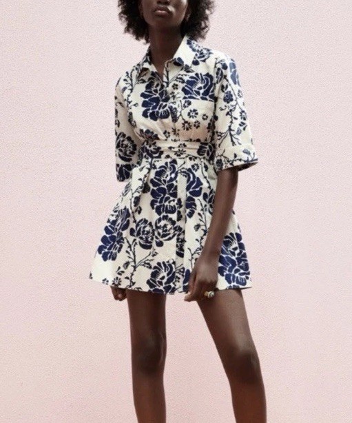 Zara Dress Floral Ivory Navy Blue Mini 100% Cotton Tie Waist Womens Size XL