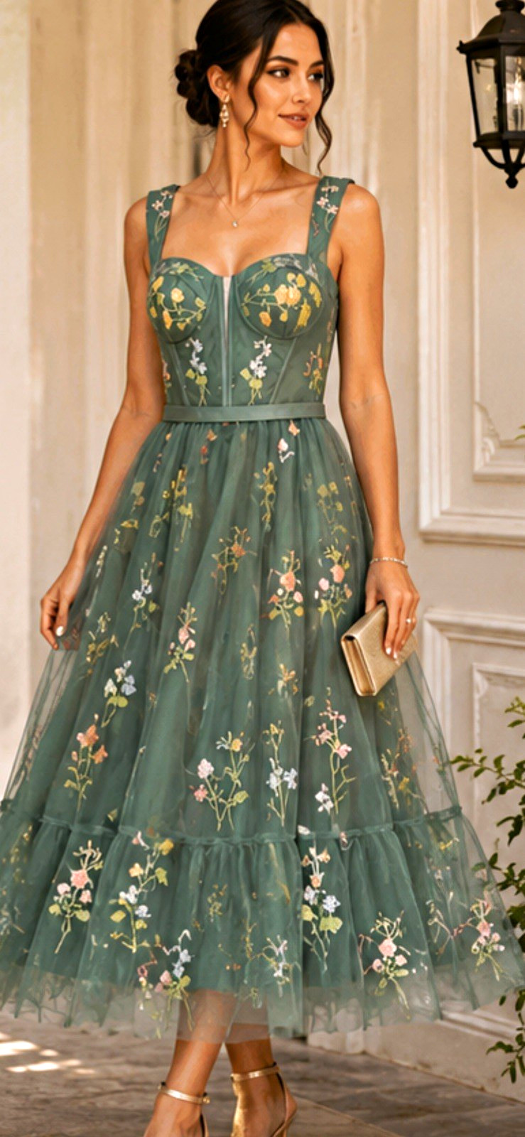 Women’s Green Floral Embroidered Tulle Midi A-Line Dress, Sweetheart, 8