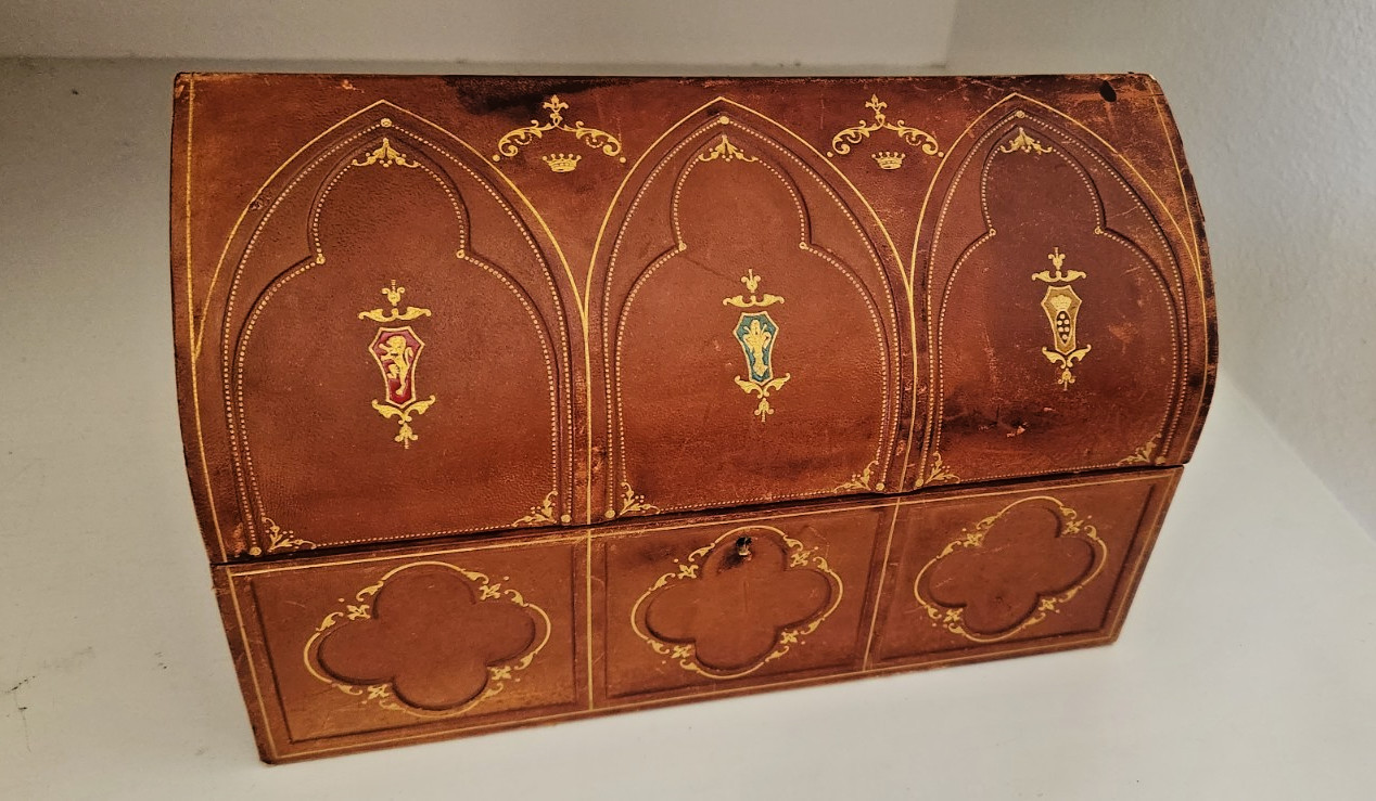 Antique Victorian, Georgian, Gothic Leather Cathedral Jewelry box 