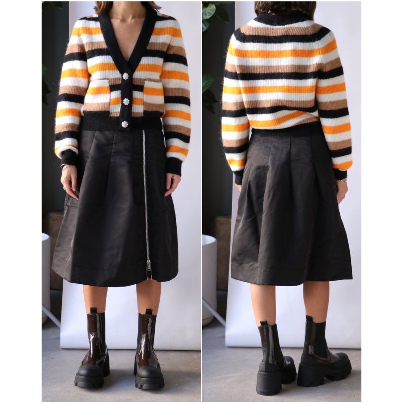 Ganni Soft Wool Striped Cardigan Women Medium Tiger\'s Eye Orange Black Crystal