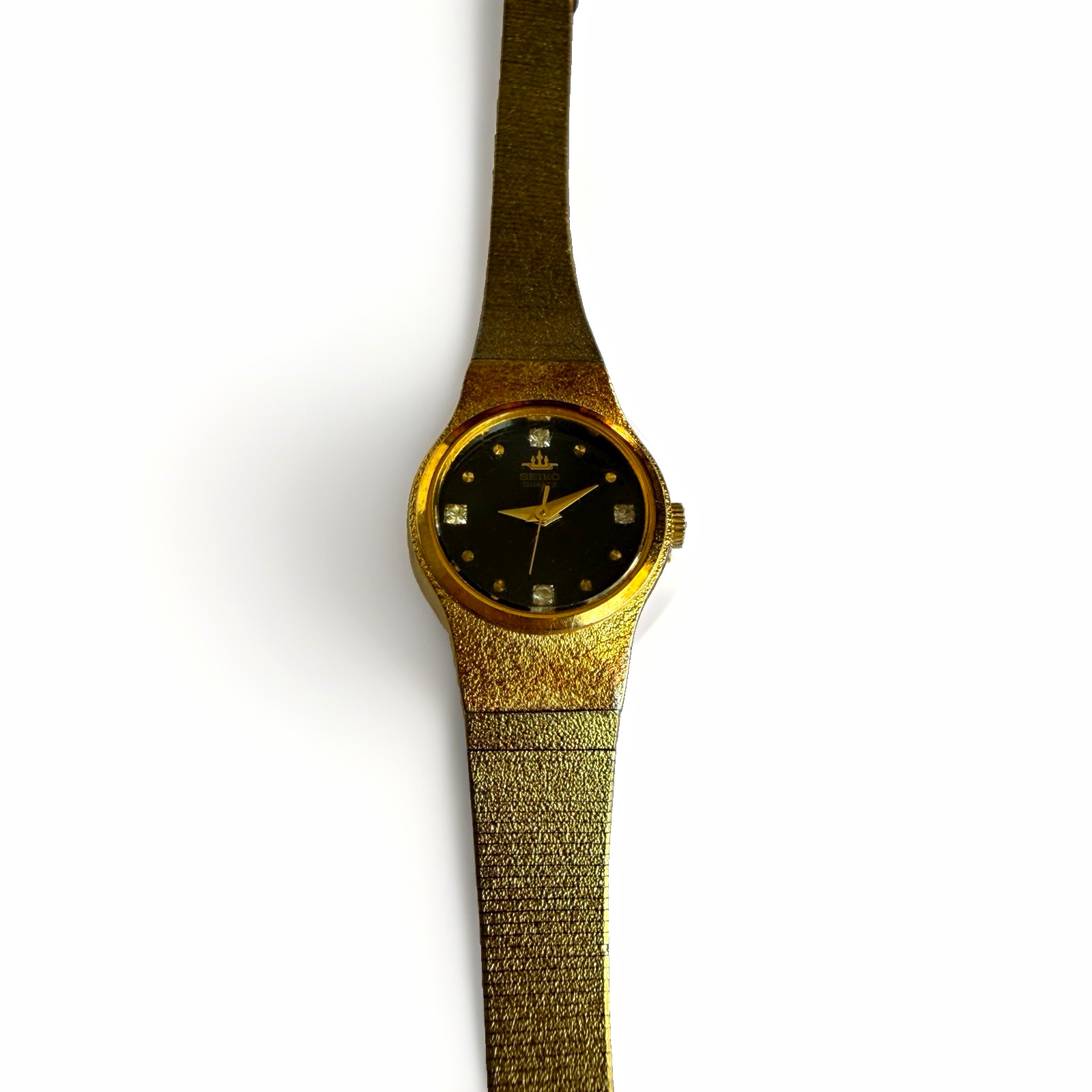 Seiko Women’s Quartz Dress Watch Gold Tone Bracelet Black Dial Diamond Markers