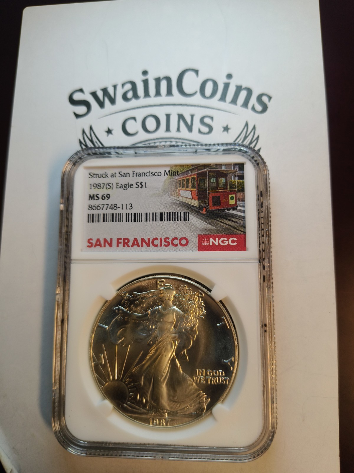 1987-S American Silver Eagle  San Fransisco -trollly Car Labell MS 69 E-109