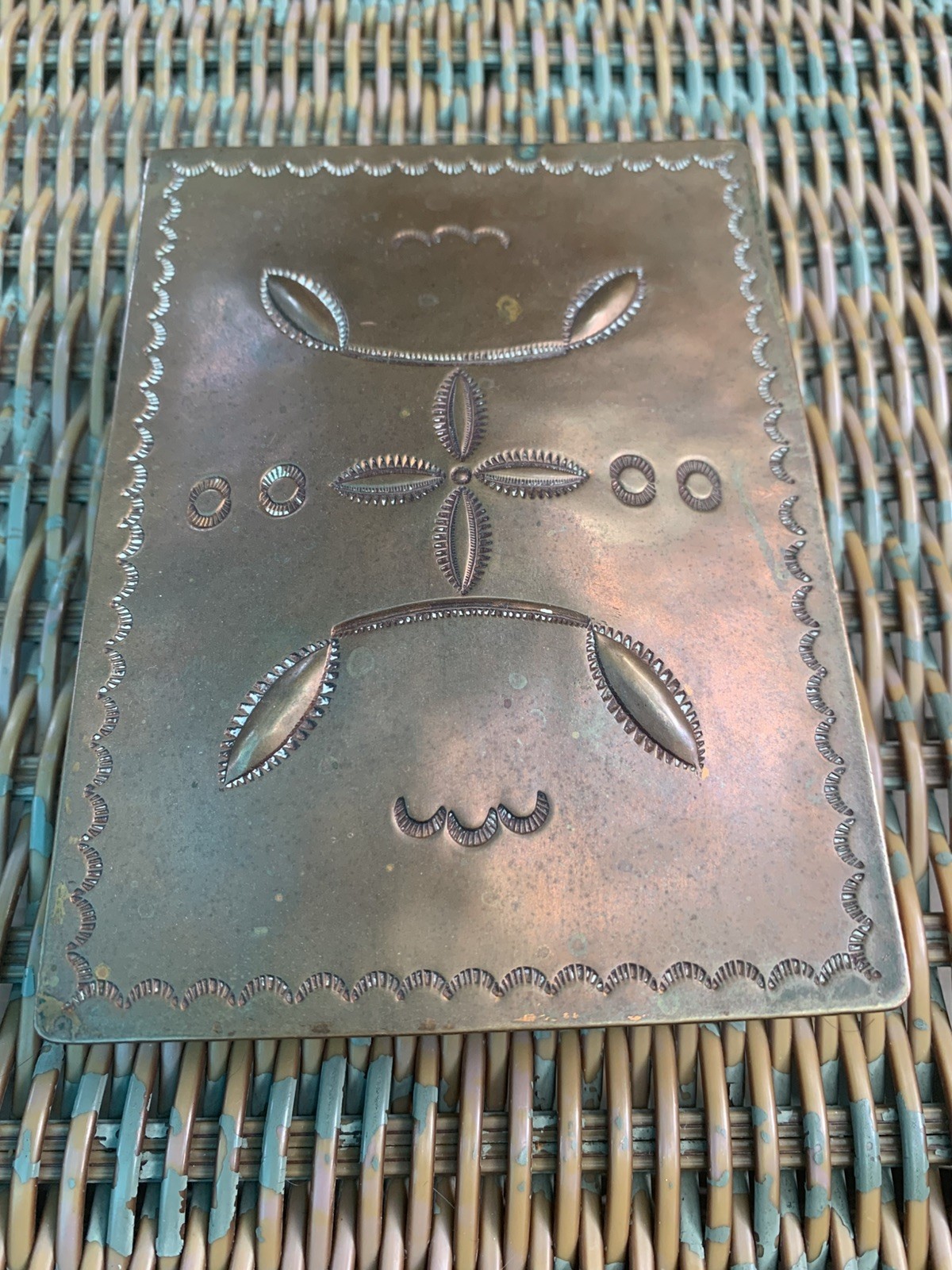 Vtg Harvey Era Native American Navajo Stamped Copper Trinket Box 