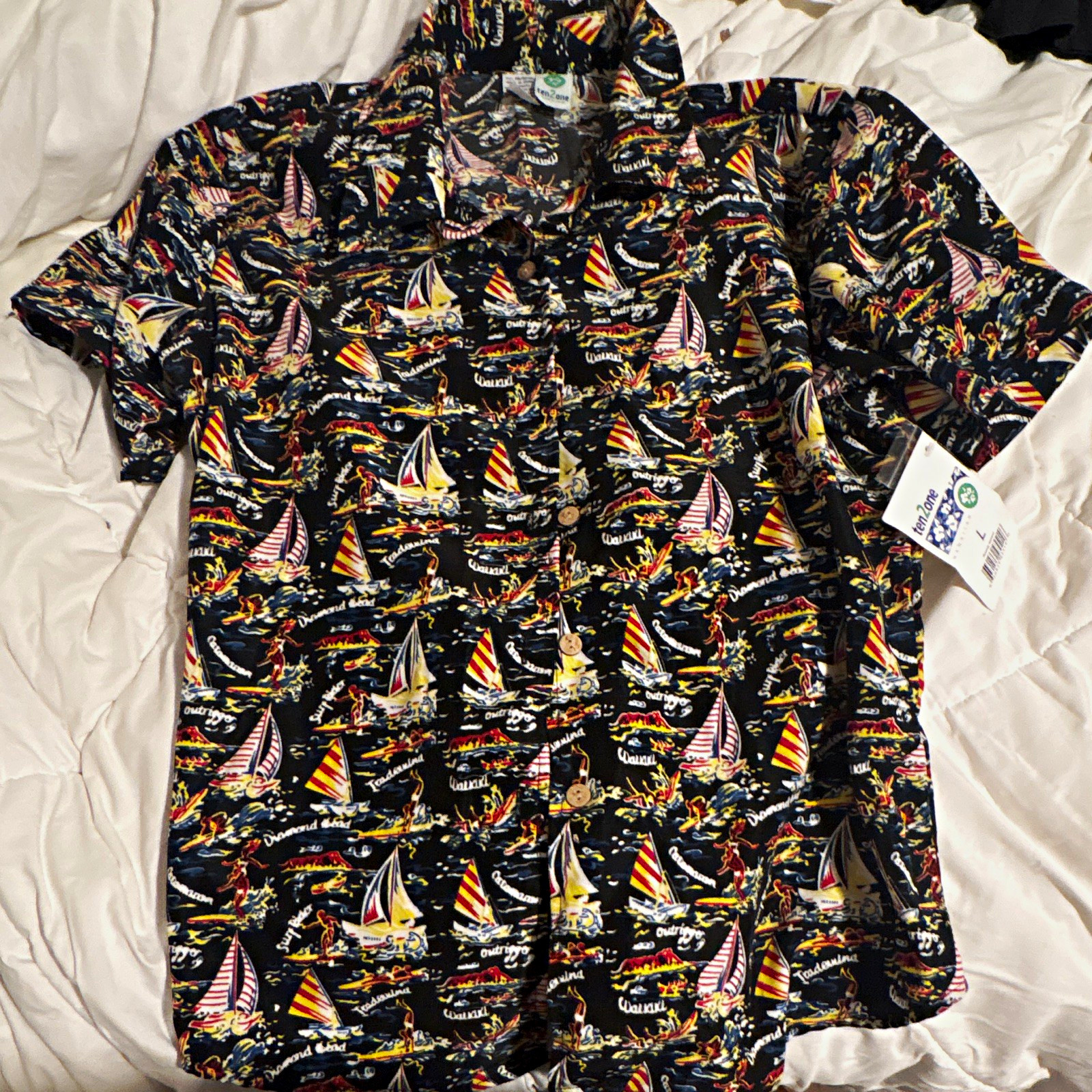 ten2one Hawaiian Men\'s L Black Nautical Graphic Print Button-Up Shirt Polyester