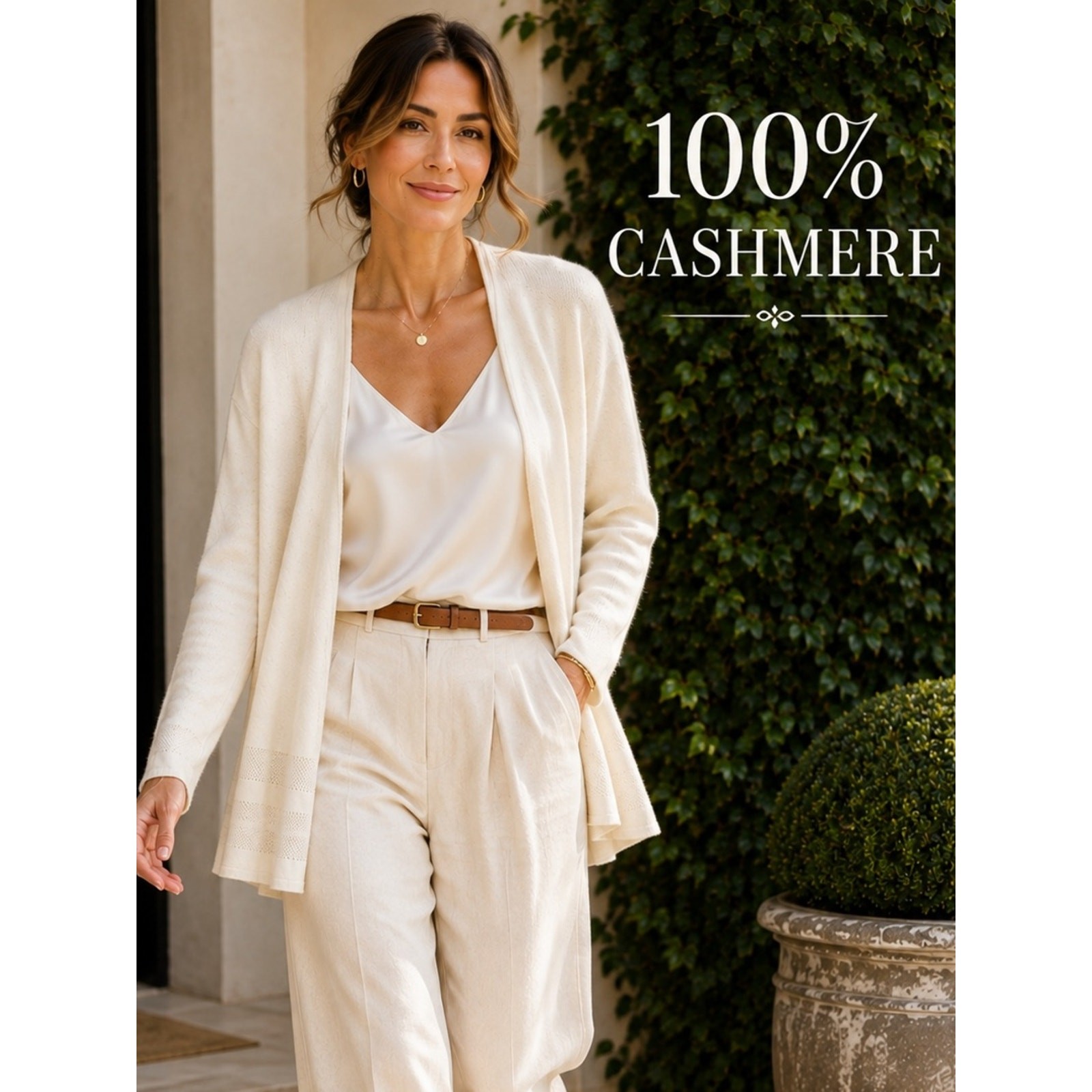 Saks Fifth Avenue 100% Cashmere Open Front Cardigan Sweater | Ivory | Medium