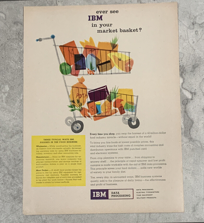 1957 IBM Data Processing Ad - - In Your Market Basket Advertisement