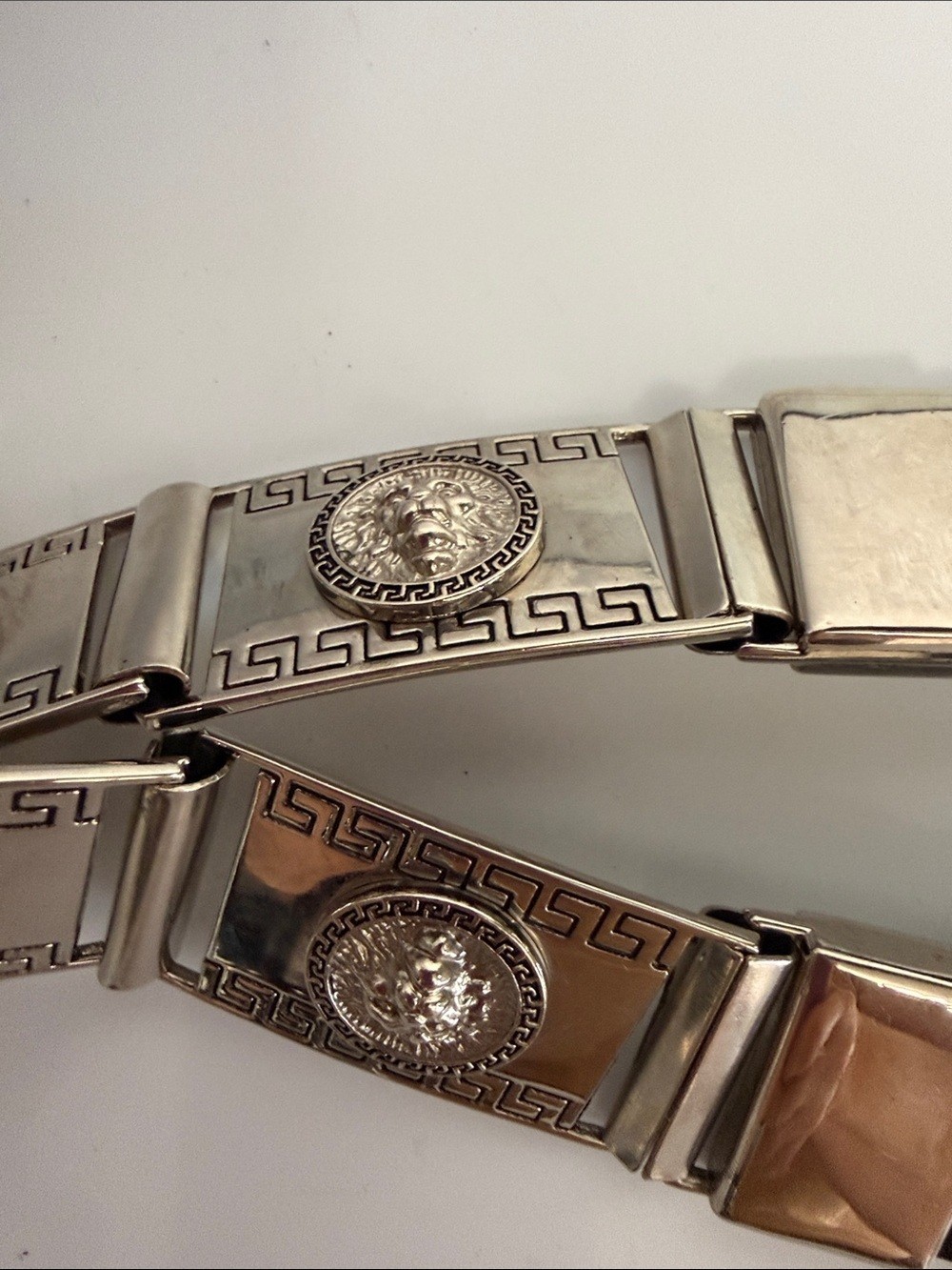 Vintage Silver Lion Head Medallion Belt Greek Key Y2K Statement