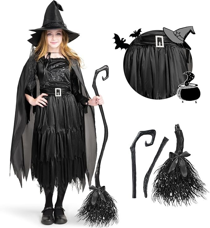 Classic Kids Witch Costume Black Witch Dress with Broom and Hat for Girls Hallow Classic Kids Witch Costume Black Witch Dress with Broom and Hat for Girls Hallow