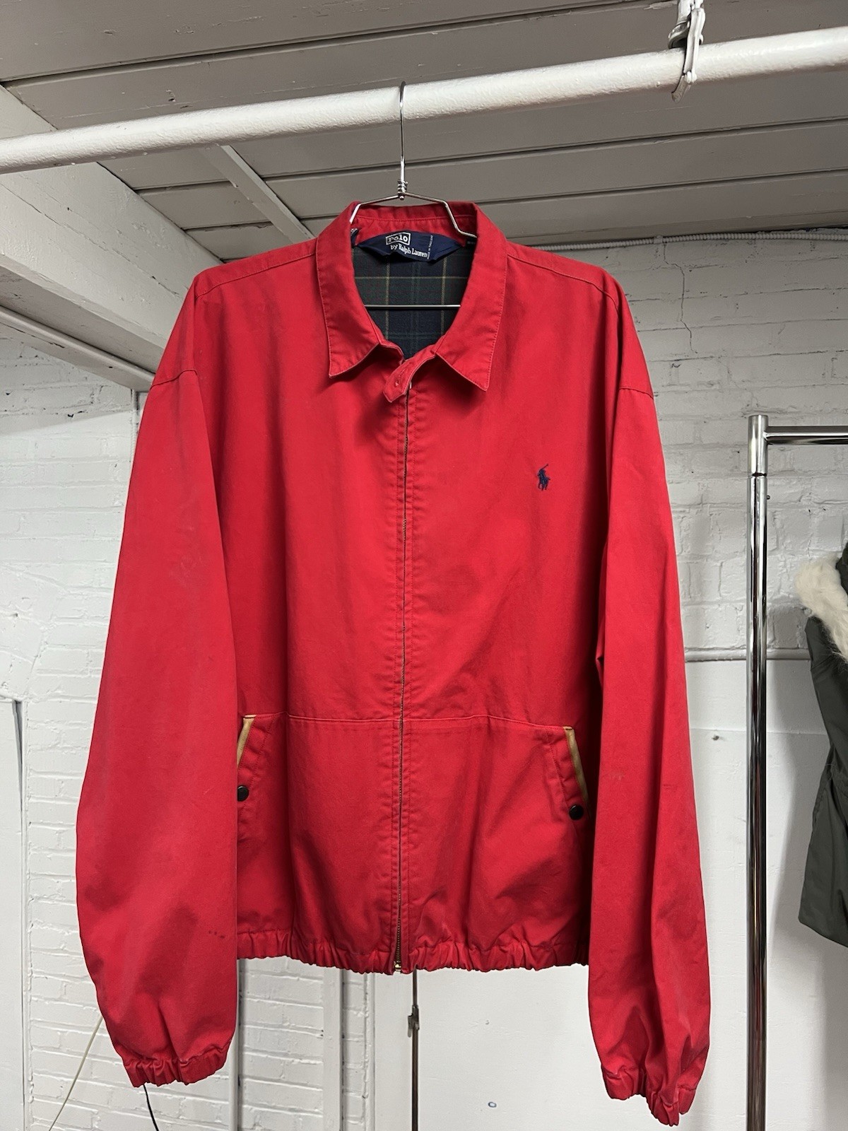 Vintage 90s Polo Ralph Lauren Harrington Jacket Red w/ Leather Trim USA - Sz XL