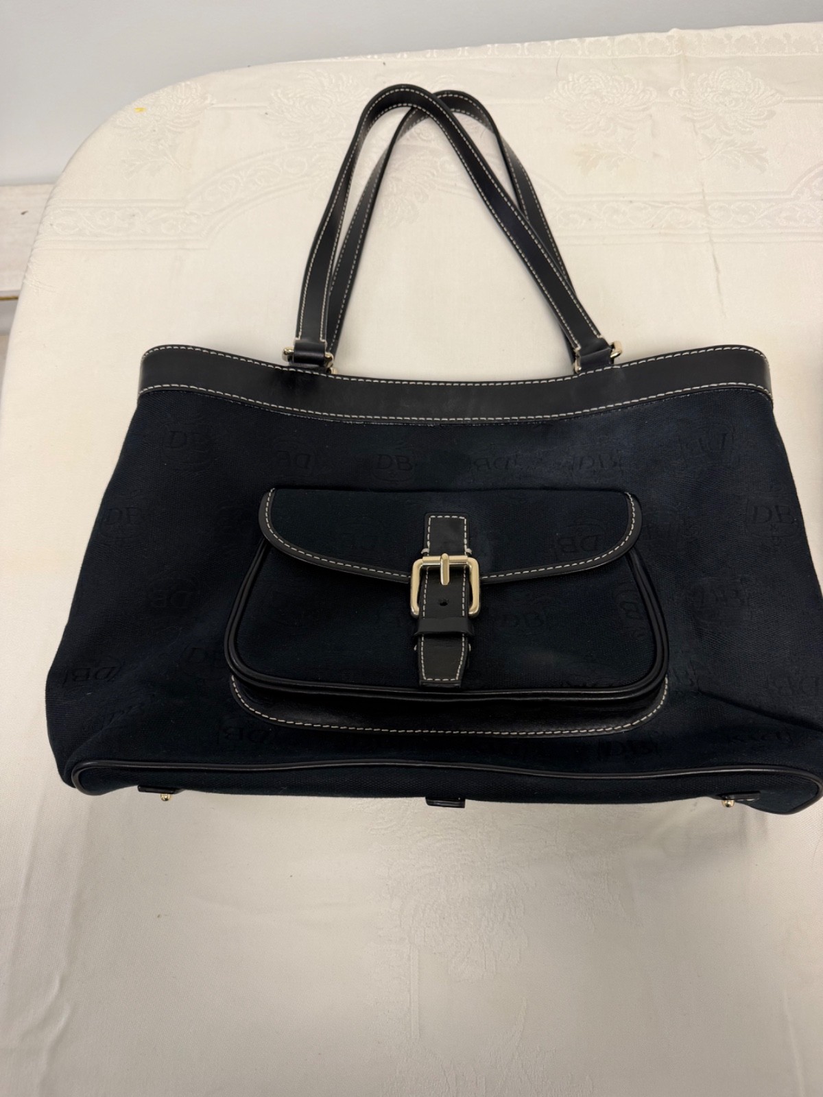 Dooney & Bourke DB Monogram East West Shoulder Bag Black Canvas Leather Trim Dooney & Bourke DB Monogram East West Shoulder Bag Black Canvas Leather Trim