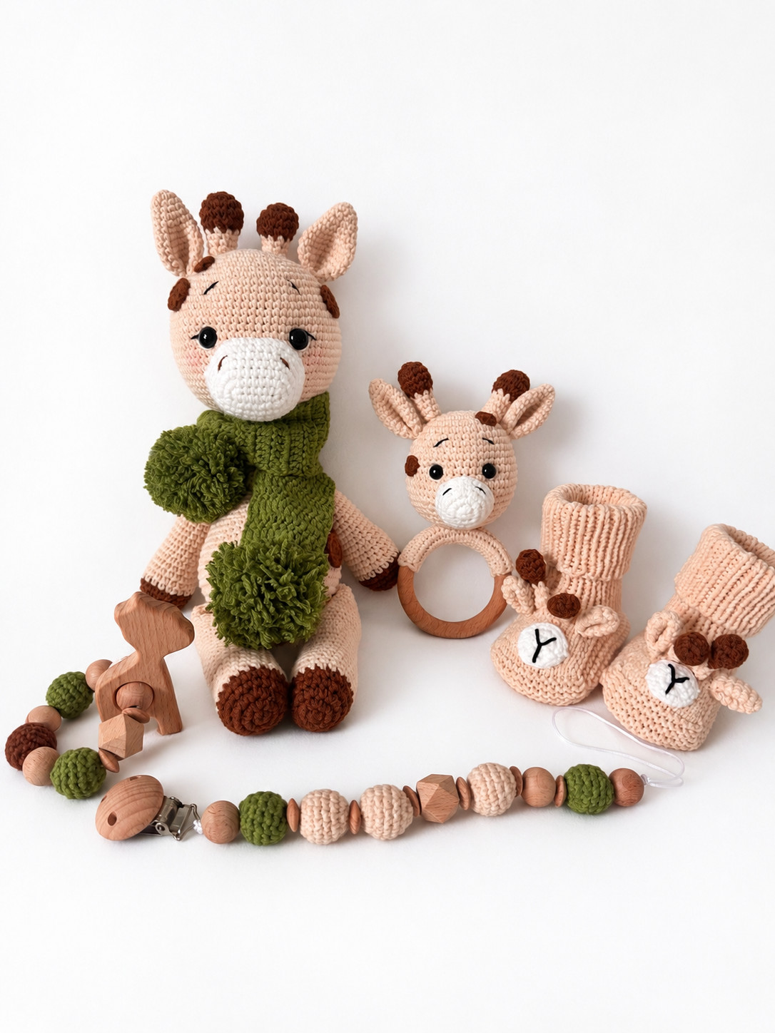 Handmade Crochet Giraffe Baby Gift Set with Toy, Rattle, Teether,Socks