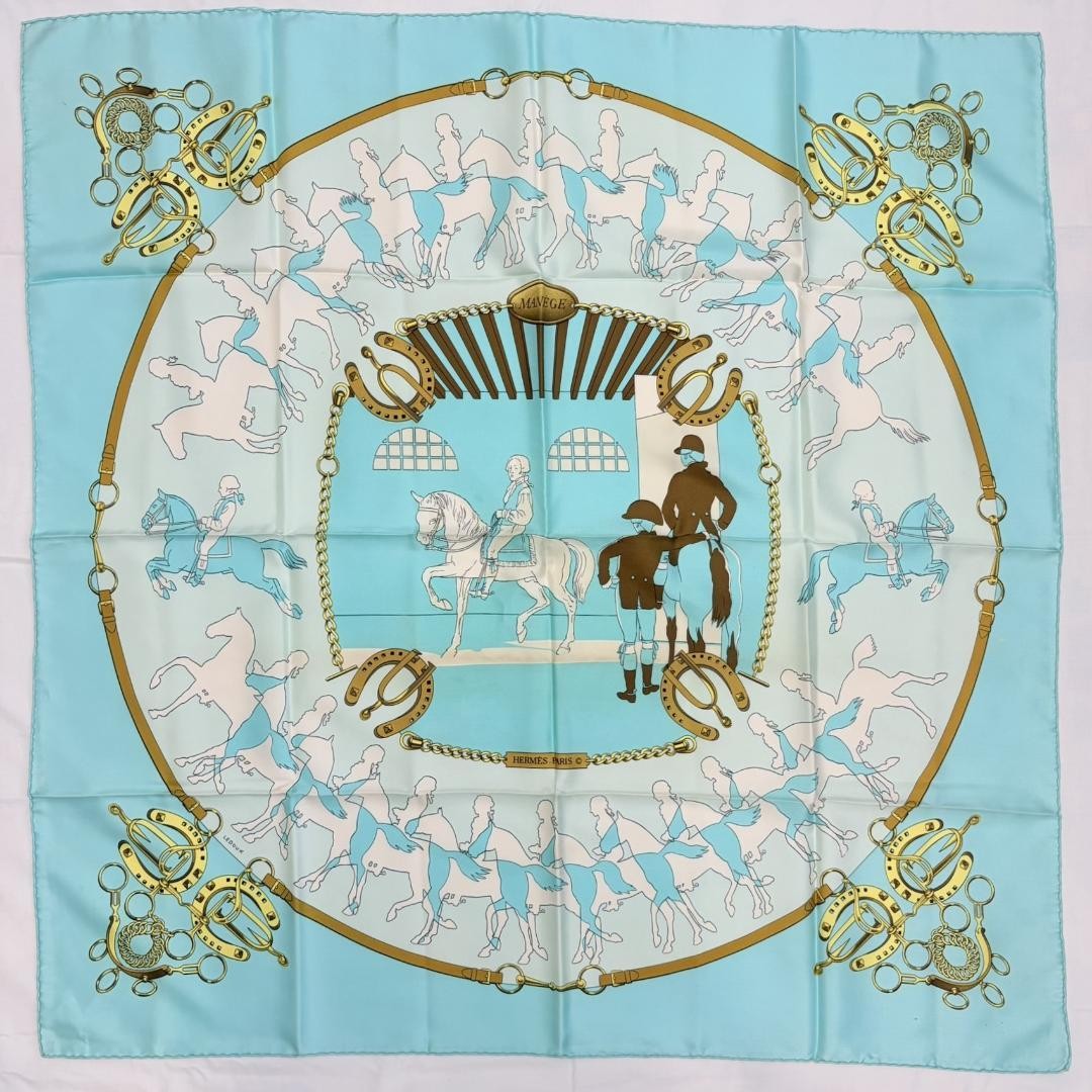 Hermes Carre 90 MANEGE Silk Scarf Light Blue Gold Brown Very Good with Tag